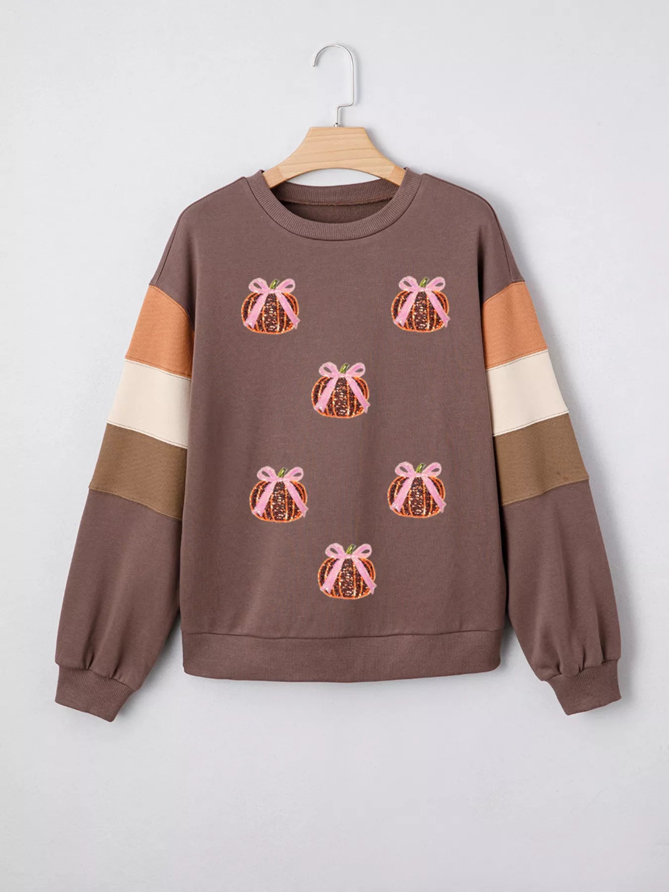 Sequin Bow Pumpkin Round Neck Sweatshirt OutfitFlow