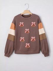 Sequin Bow Pumpkin Round Neck Sweatshirt OutfitFlow