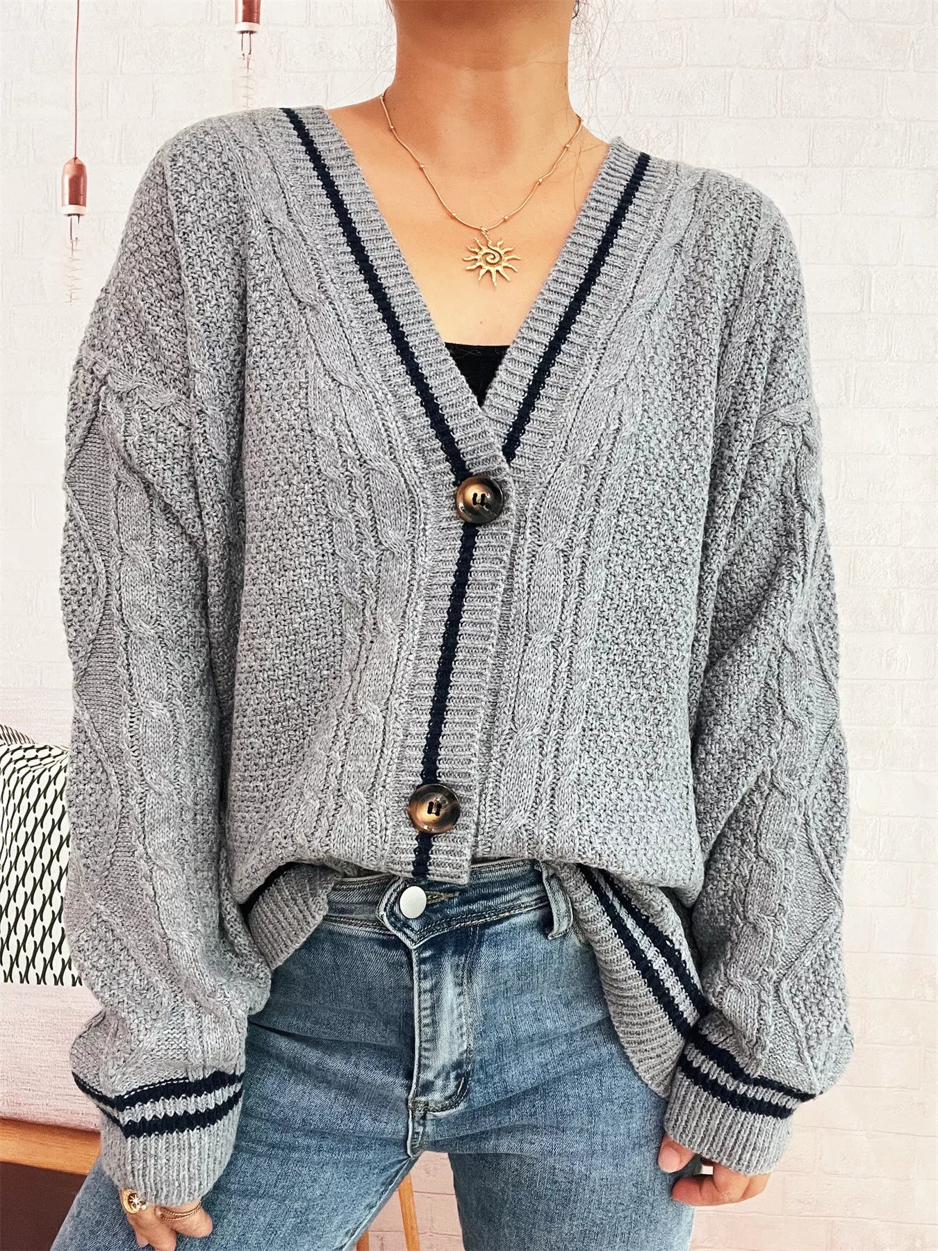 Star Pattern Button-Up Cardigan with Contrast Trim OutfitFlow