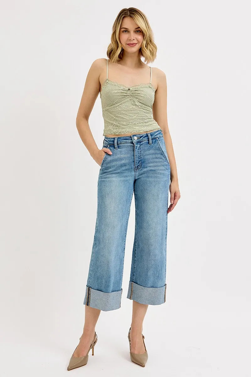 RISEN Full Size Tummy Control High Rise Ankle Wide Cuffed Jeans Plus Size OutfitFlow