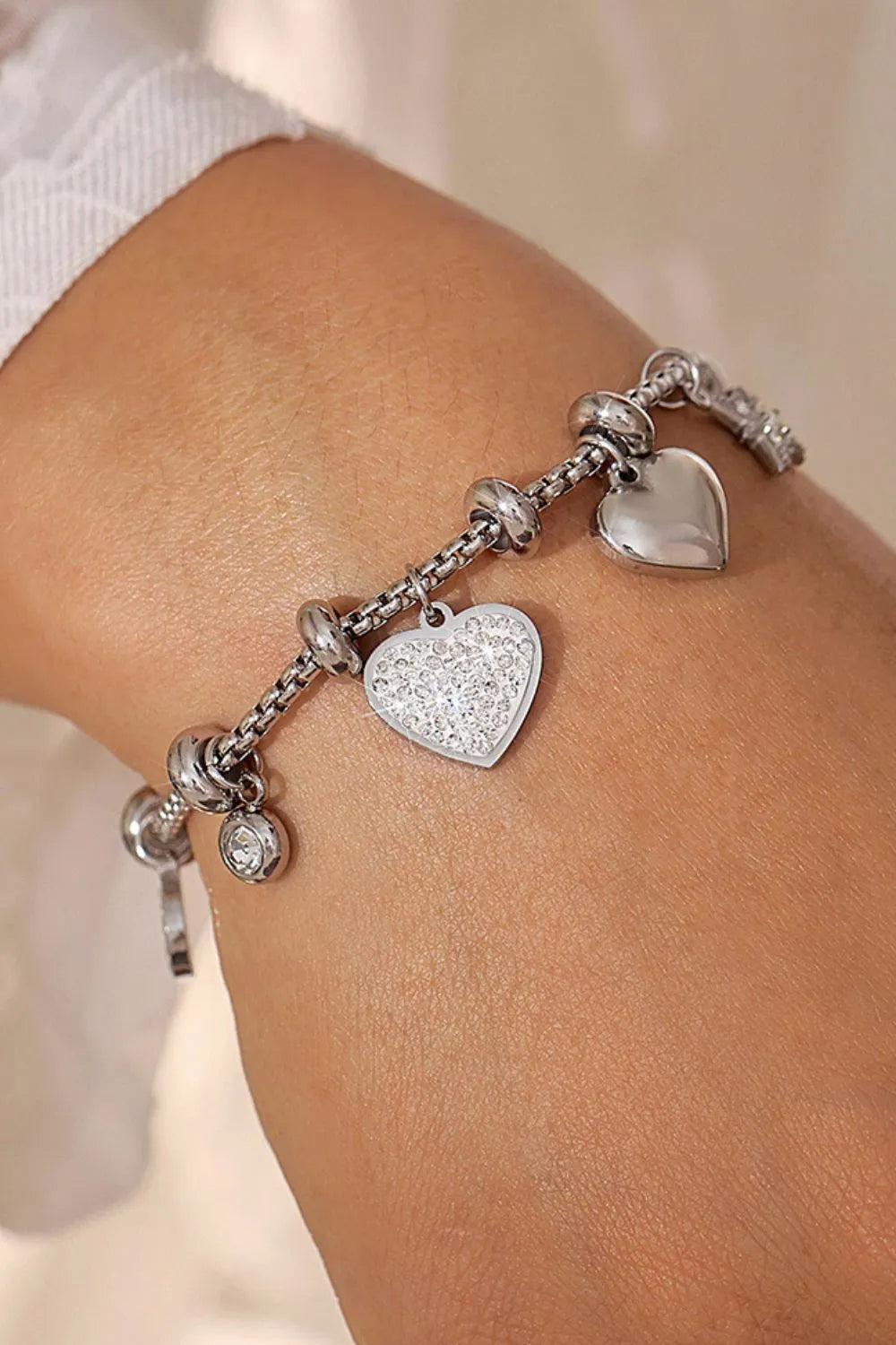 Titanium Steel Inland Zircon Heart Charm Bracelet Silver One Size OutfitFlow