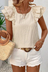 Bow Back Ruffled Cap Sleeve Blouse OutfitFlow