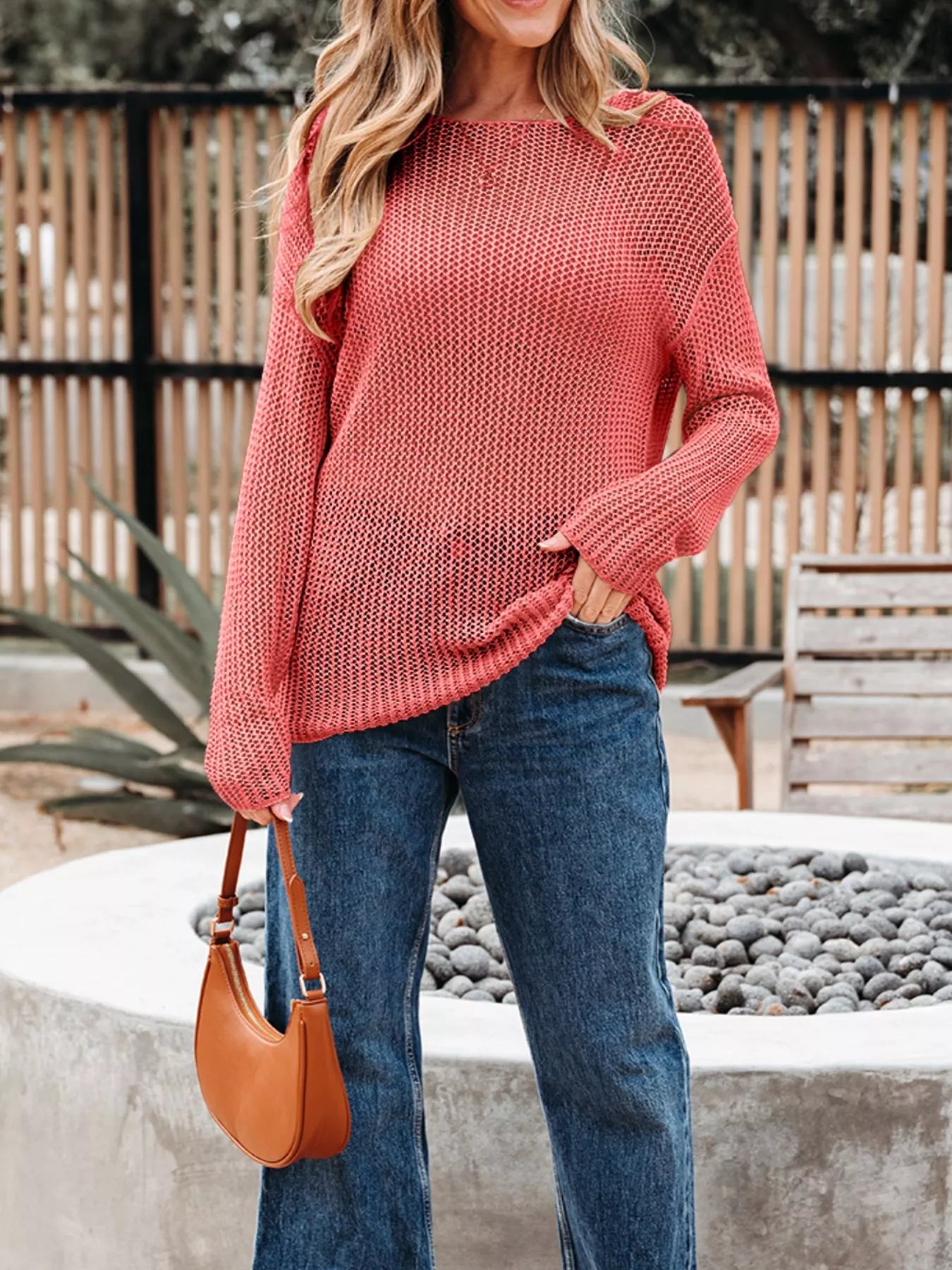 Crochet Hollow Out Long Sleeve Knit Top OutfitFlow