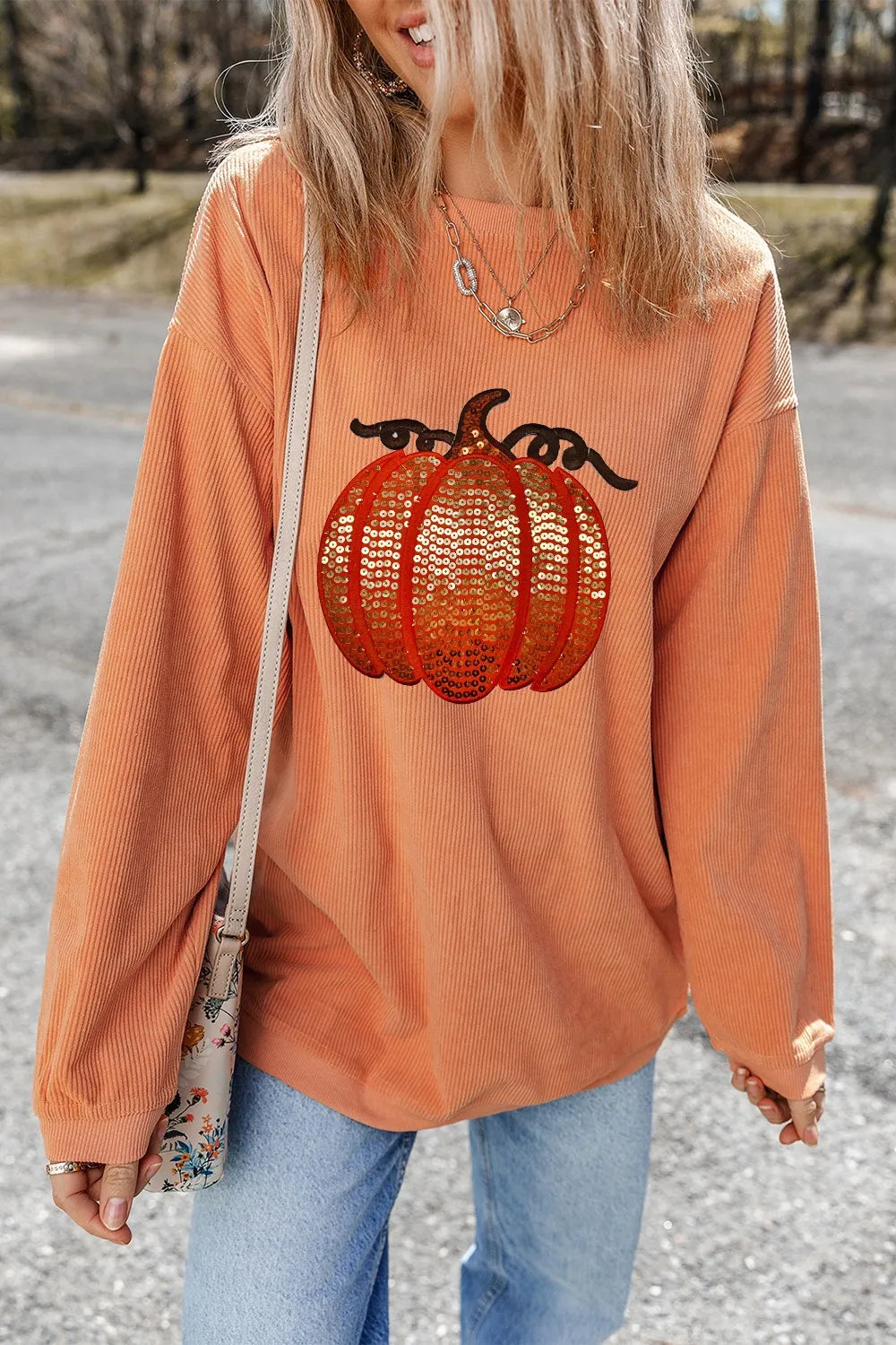 Sequin Pumpkin Round Neck Long Sleeve Sweatshirt Sherbet OutfitFlow