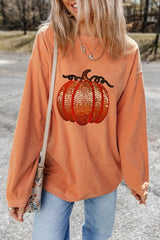 Sequin Pumpkin Round Neck Long Sleeve Sweatshirt Sherbet OutfitFlow