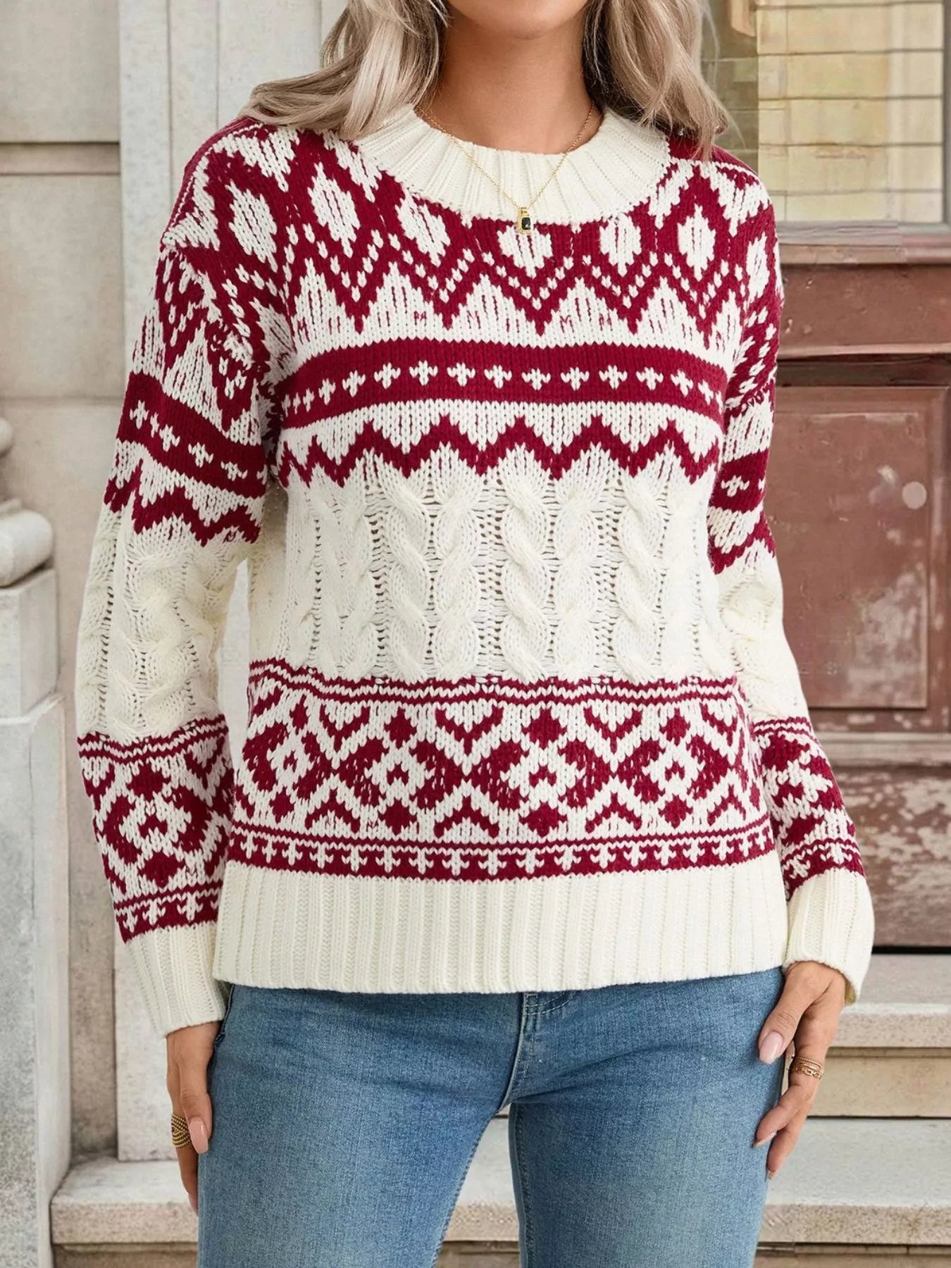 Christmas Cable Knit Long Sleeve Sweater OutfitFlow