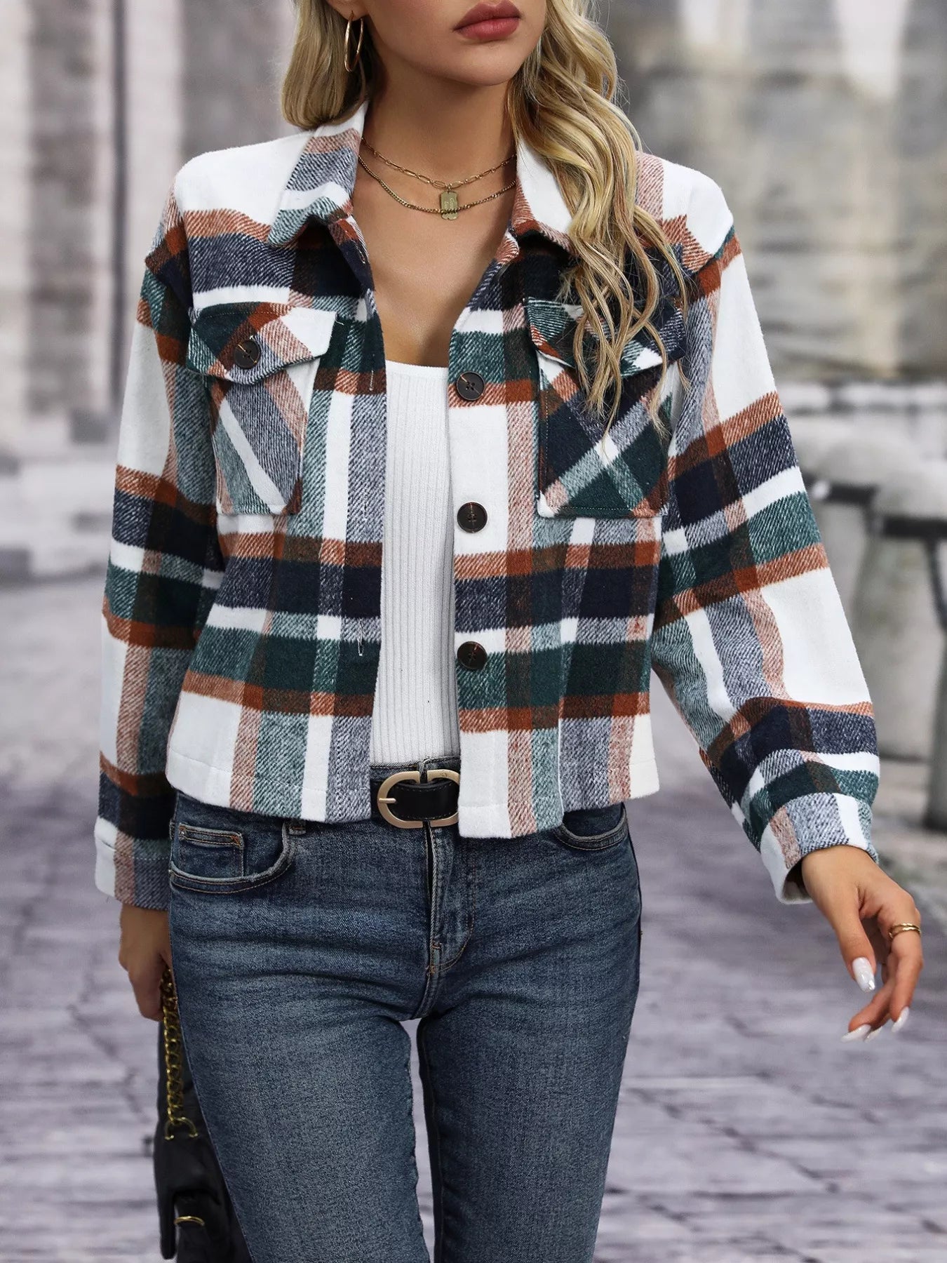 Plaid Oversized Button-Up Cropped Jacket OutfitFlow