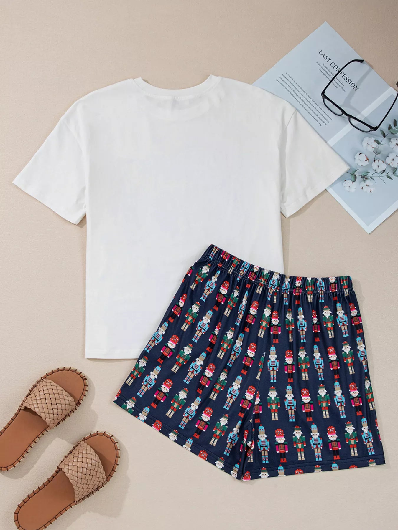 Mama Claus Plaid Letter Tee and Nutcracker Shorts 2pcs Lounge Set OutfitFlow