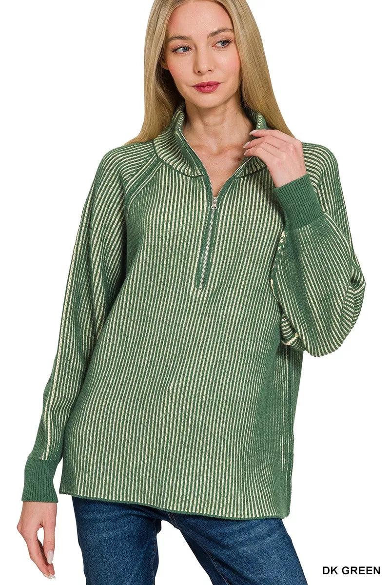 Zenana Ribbed Two Tone Half Zip Sweater OutfitFlow