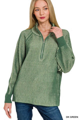 Zenana Ribbed Two Tone Half Zip Sweater OutfitFlow