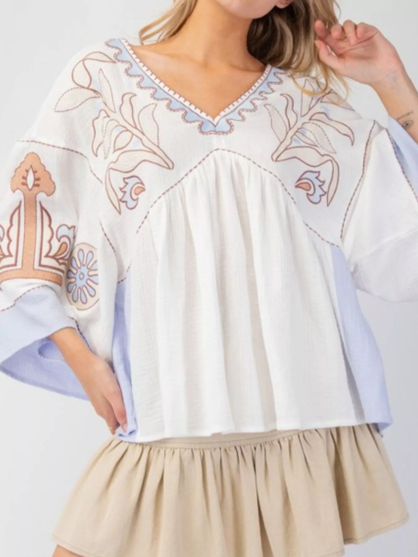 Printed V-Neck Top with Contrast Trim Details White With Light Blue OutfitFlow
