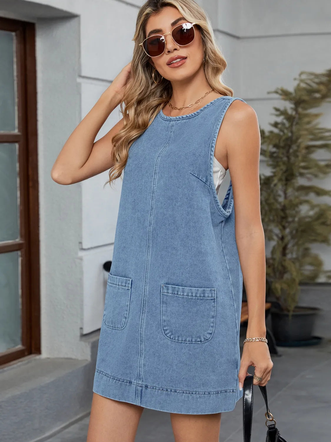 Round Neck Denim Overall Dress Light Blue OutfitFlow