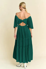 Davi & Dani Swiss Dotted Ruched Ruffle Open Back Midi Dress OutfitFlow