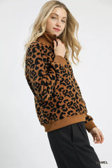Umgee Leopard Print Quarter-Zip Sweatshirt OutfitFlow