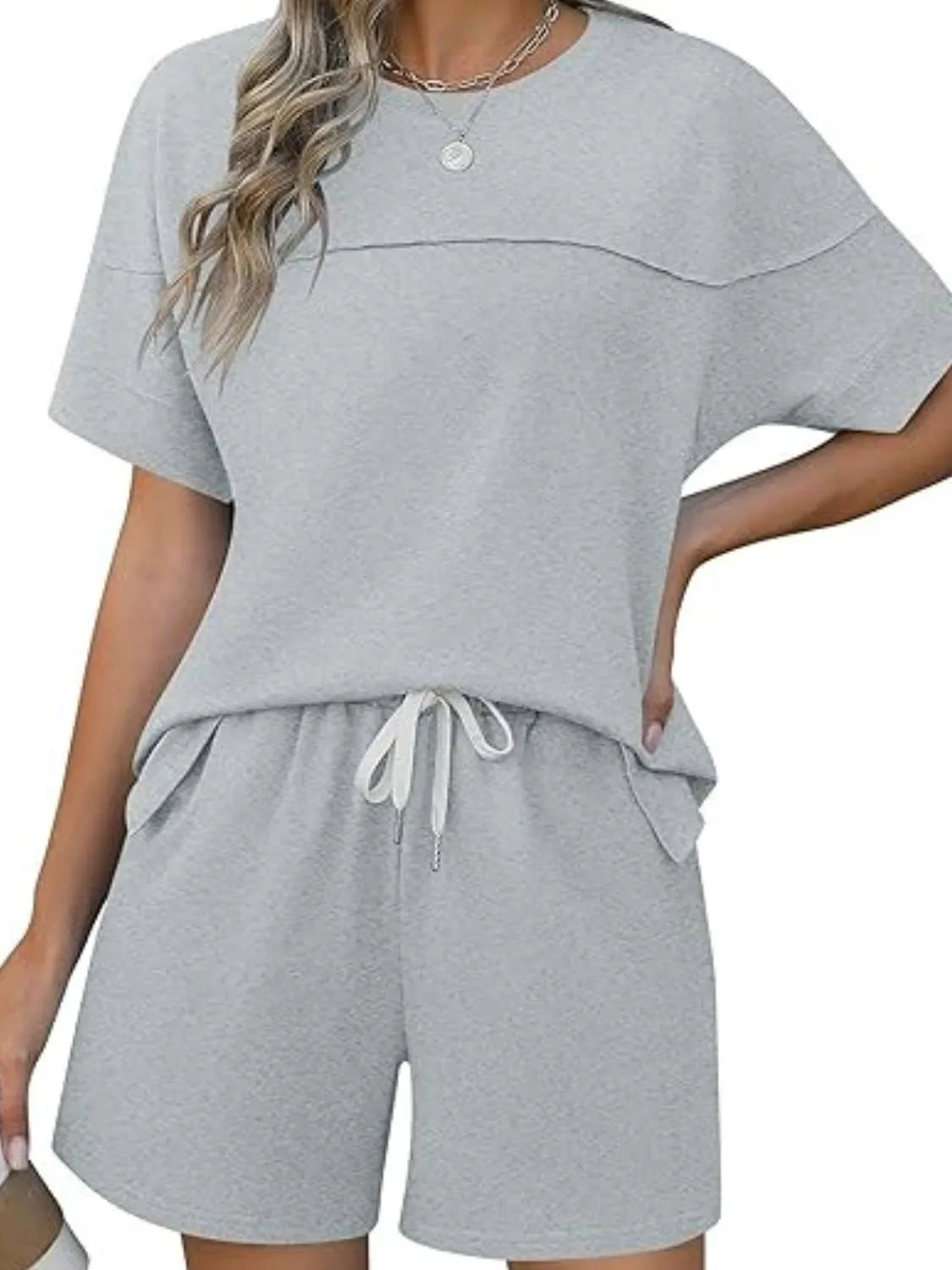 Round Neck Short Sleeve Top and Shorts Set Gray OutfitFlow