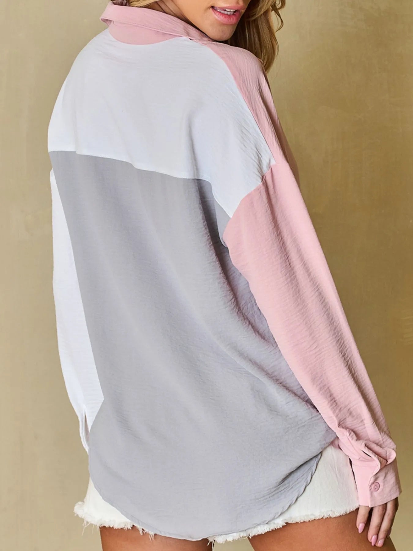 Color Block Oversized Button-Up Shirt with Chest Pocket OutfitFlow
