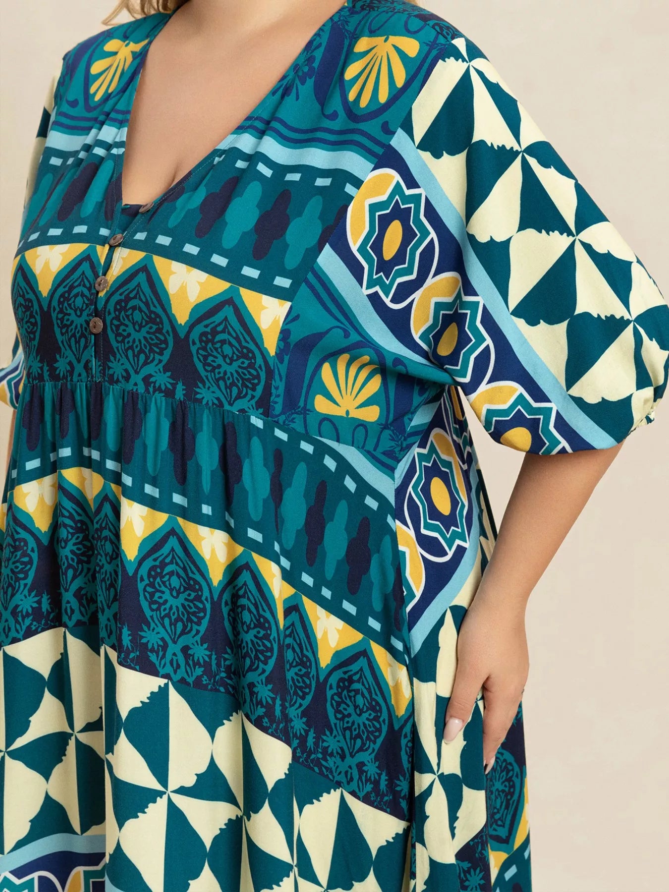 Plus Size Printed V-Neck Half Sleeve Midi Dress OutfitFlow