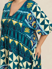 Plus Size Printed V-Neck Half Sleeve Midi Dress OutfitFlow
