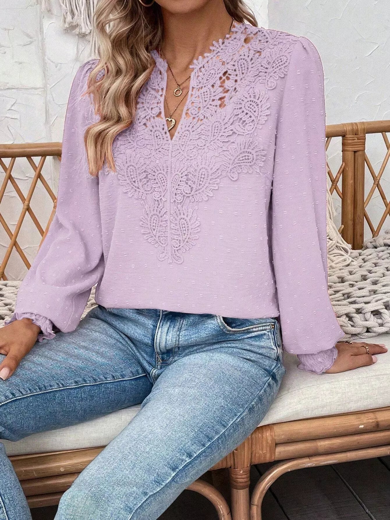 Lace Trim Long Sleeve Blouse OutfitFlow