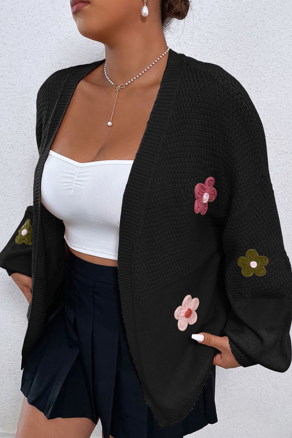 Outfit Flow - Floral Applique Drop Shoulder Open Front Cardigan