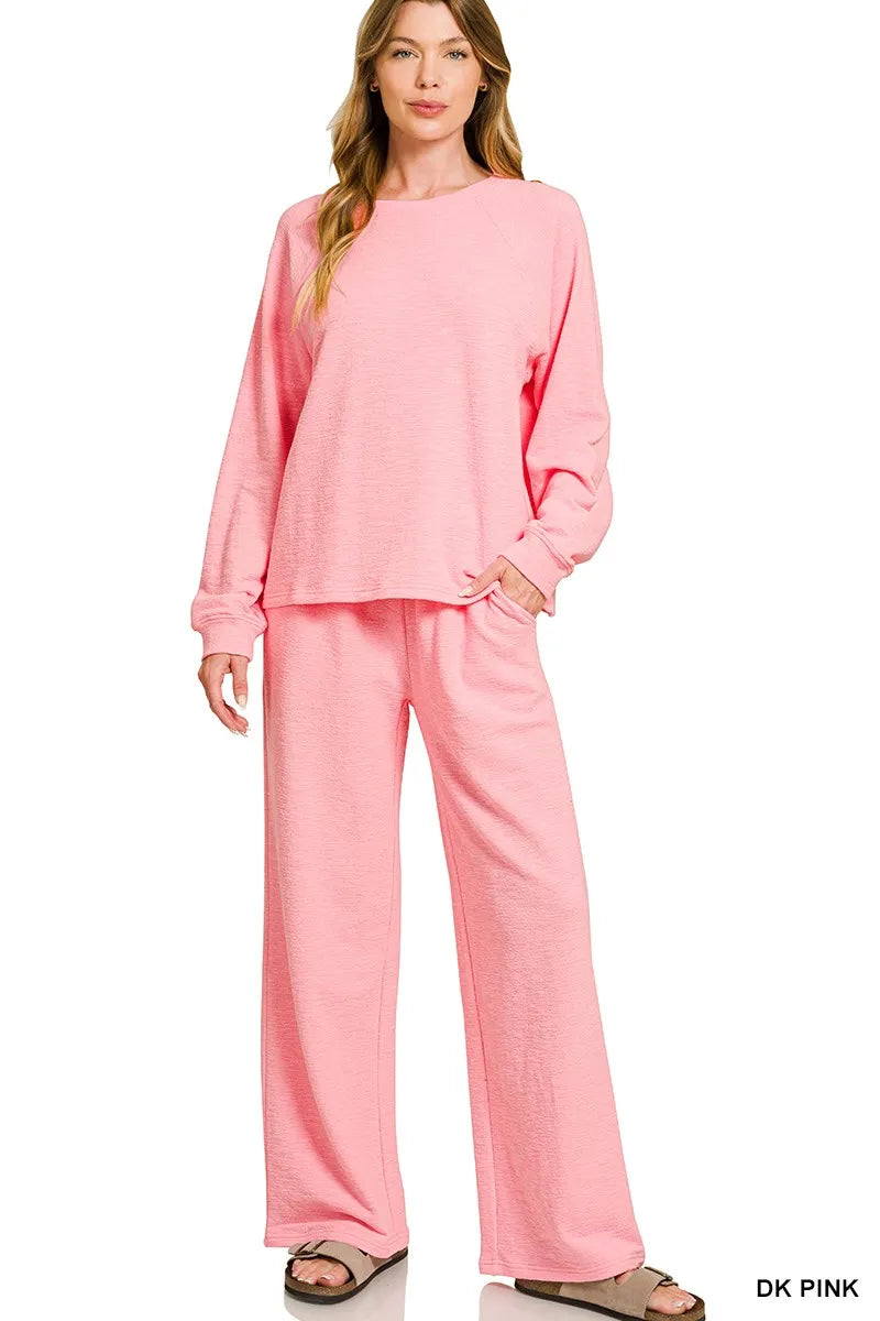 Zenana Slub Long Sleeve Top and Pants Lounge Set DK PINK Trendsi