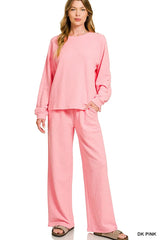 Zenana Slub Long Sleeve Top and Pants Lounge Set DK PINK Trendsi