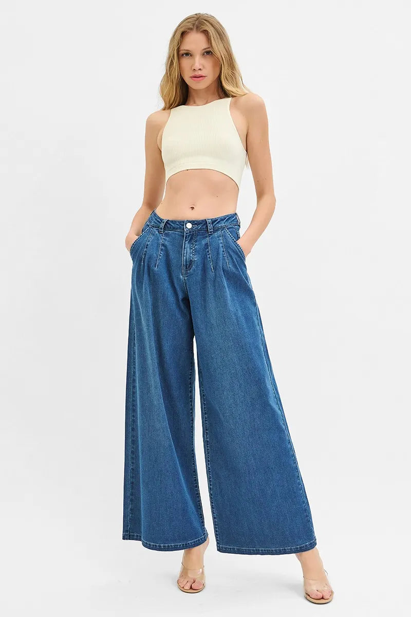 RISEN Mid Rise Fit Wide Leg Knit Denim Look Jeans OutfitFlow