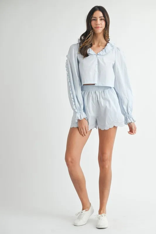 MABLE Long Sleeve Scallop Blouse and Shorts Set OutfitFlow