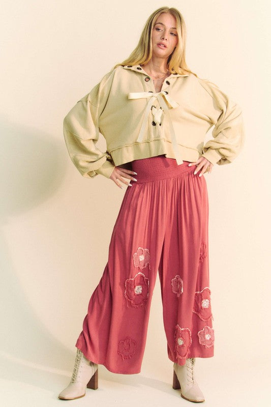 Outfit Flow - Davi & Dani Smocked Waist Flower Patch Wide Leg Pants