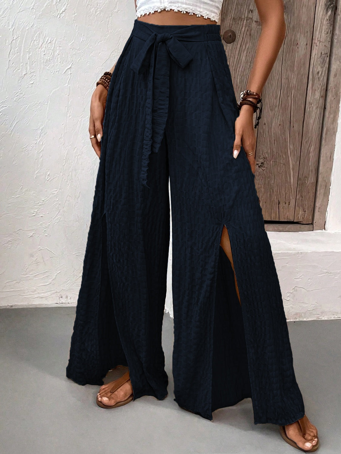 Outfit Flow - Honey Tied Slit Wide Leg Pants