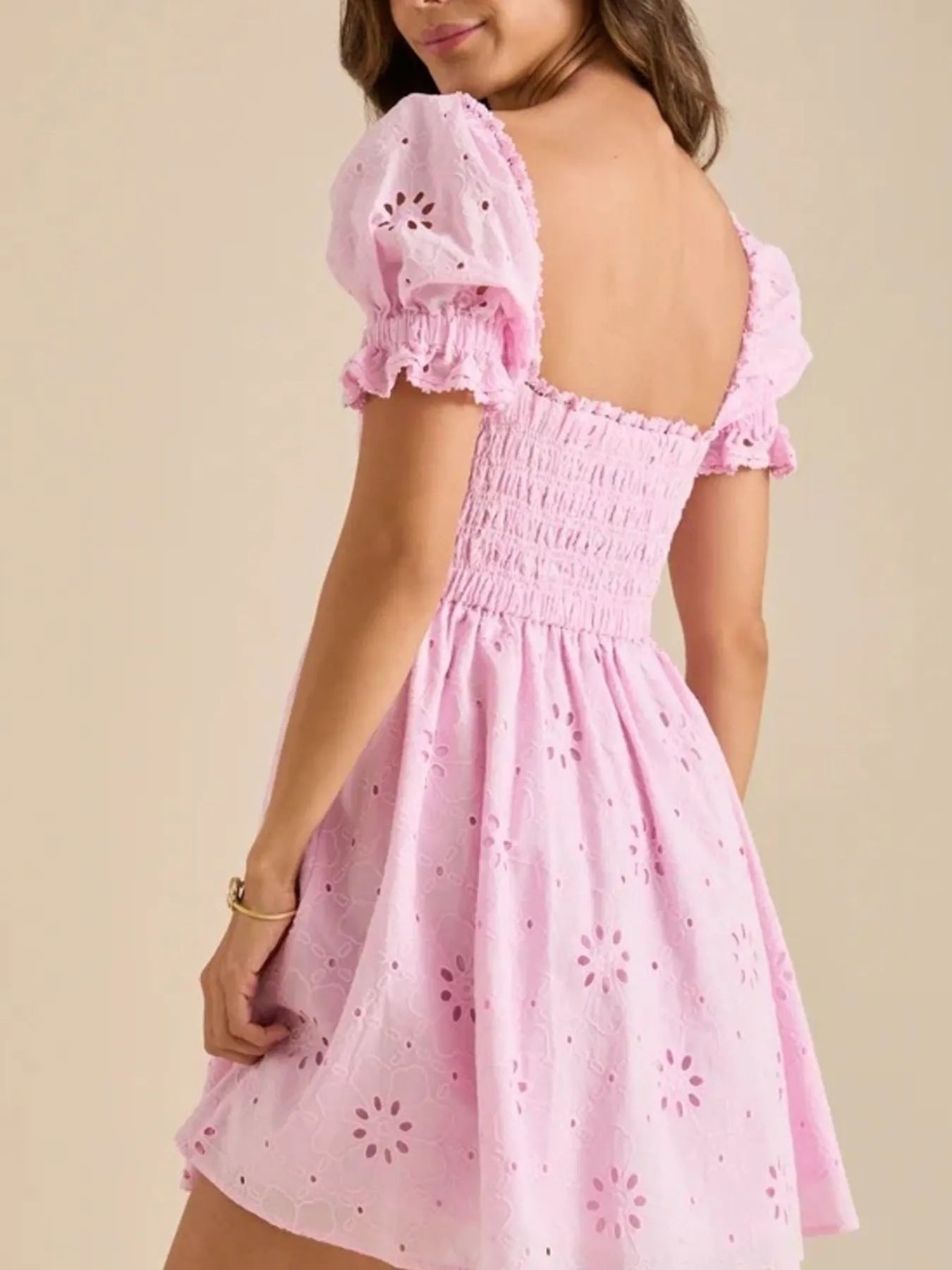 Eyelet Puff Sleeve Smocked Mini Dress OutfitFlow