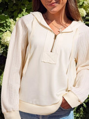 Solid Color Textured Sleeve Patchwork Half Zip Hoodie Cream OutfitFlow