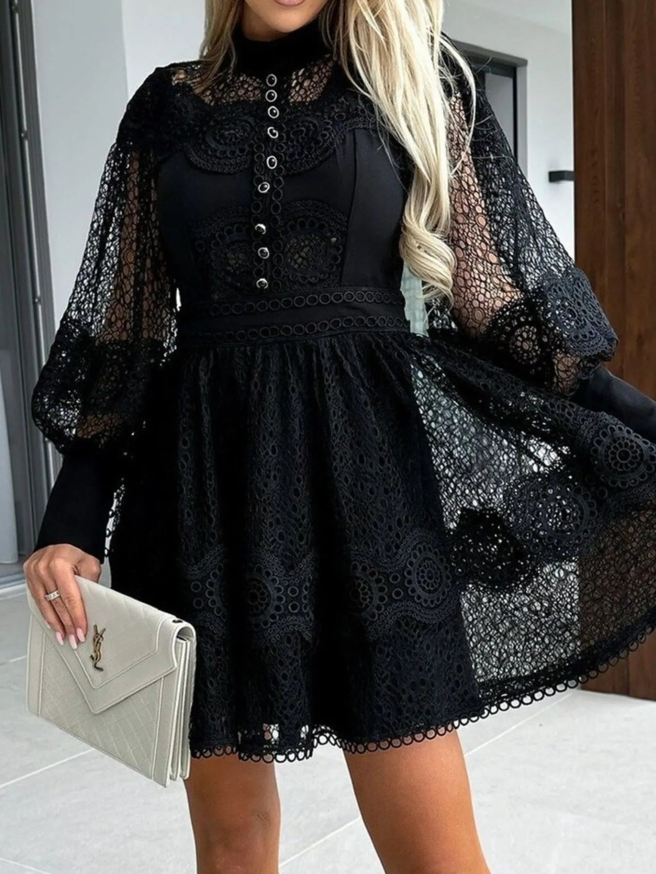 Lace Lantern Sleeve Mini Dress OutfitFlow