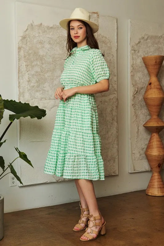 Davi & Dani Checkered Puff Sleeve Tiered Shirt Dress OutfitFlow