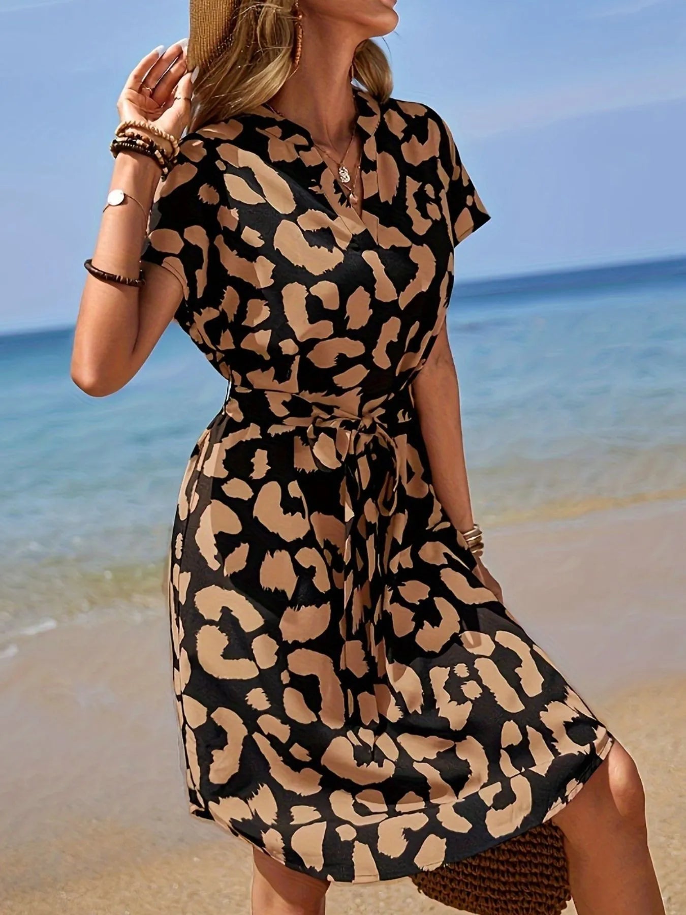 Leopard Notched Tie Waist Midi Dress OutfitFlow