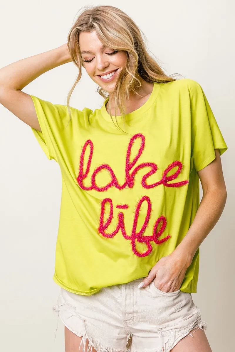 BiBi Metallic Letter Short Dolman Sleeve Top OutfitFlow