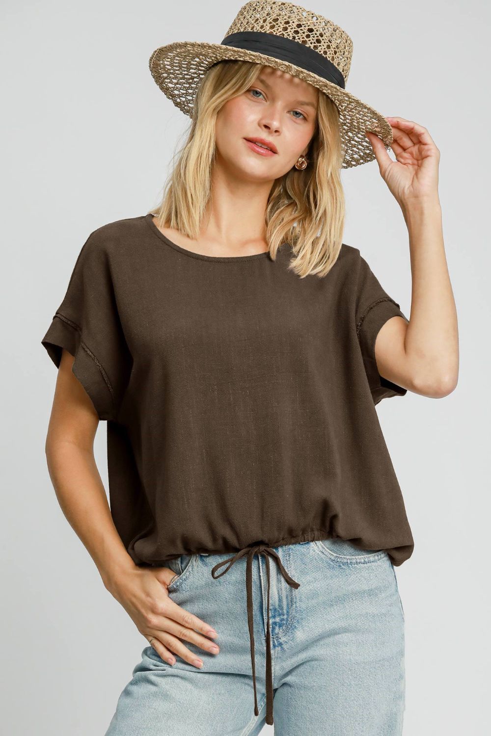 Outfit Flow - Umgee Drawstring Hem Round Neck Short Sleeve T-Shirt