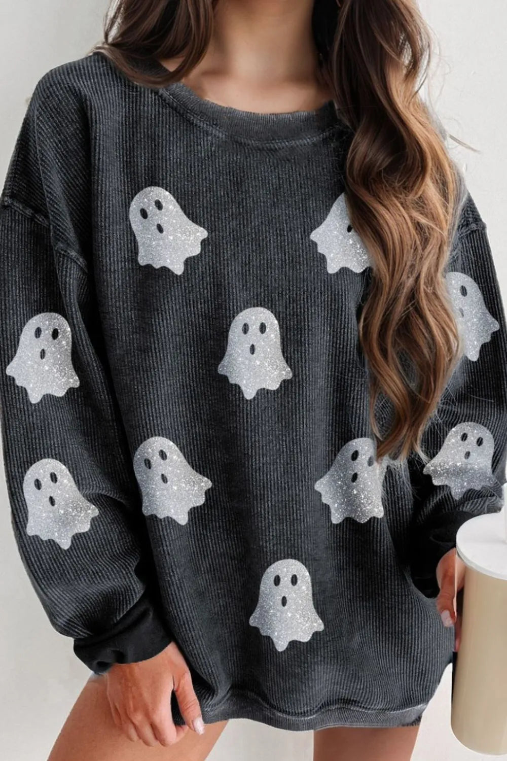 Glitter Ghost Round Neck Long Sleeve Sweatshirt Black OutfitFlow