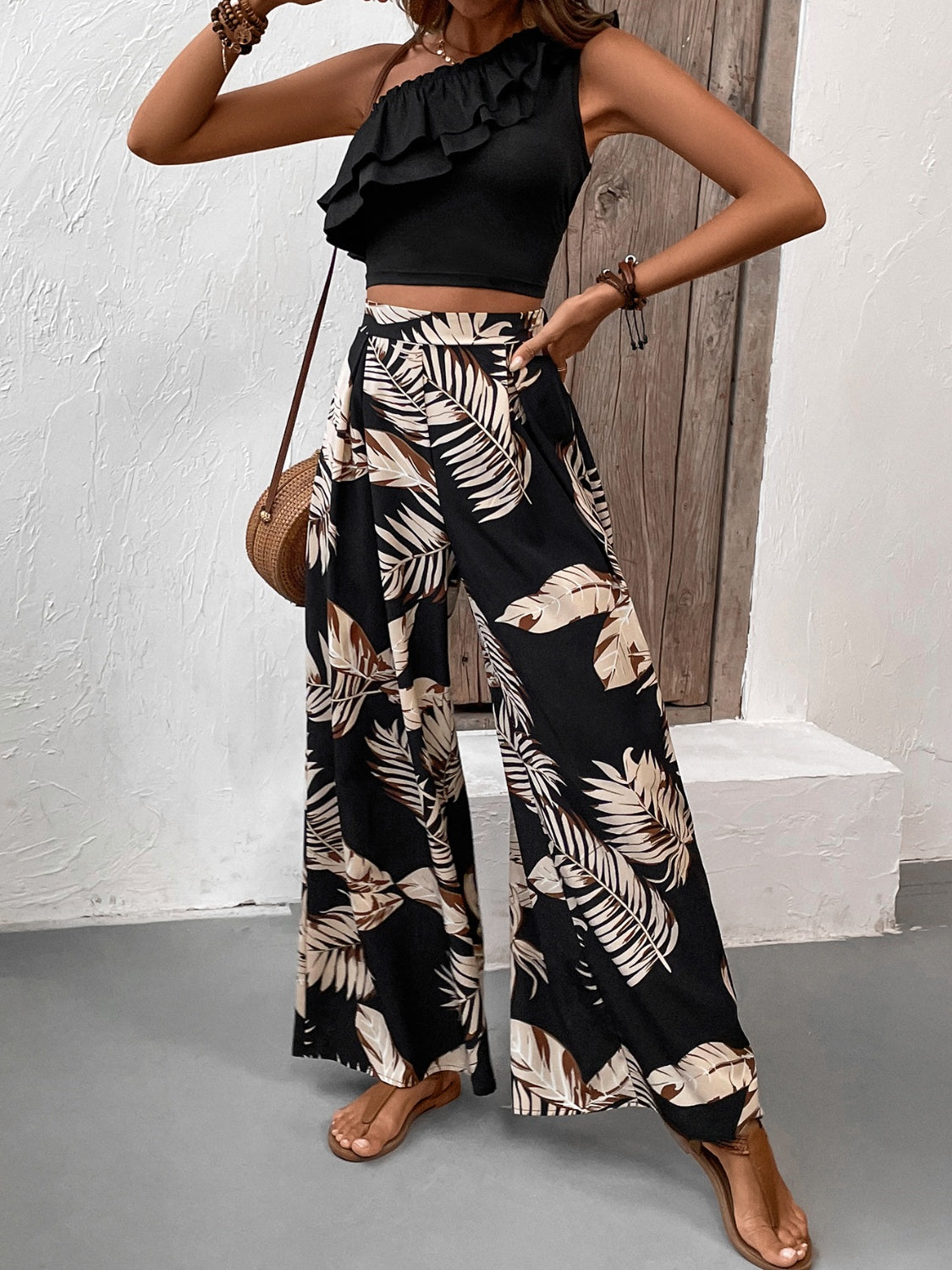 Outfit Flow - Honey Ruffled Sleeveless Top and Printed Pants Set