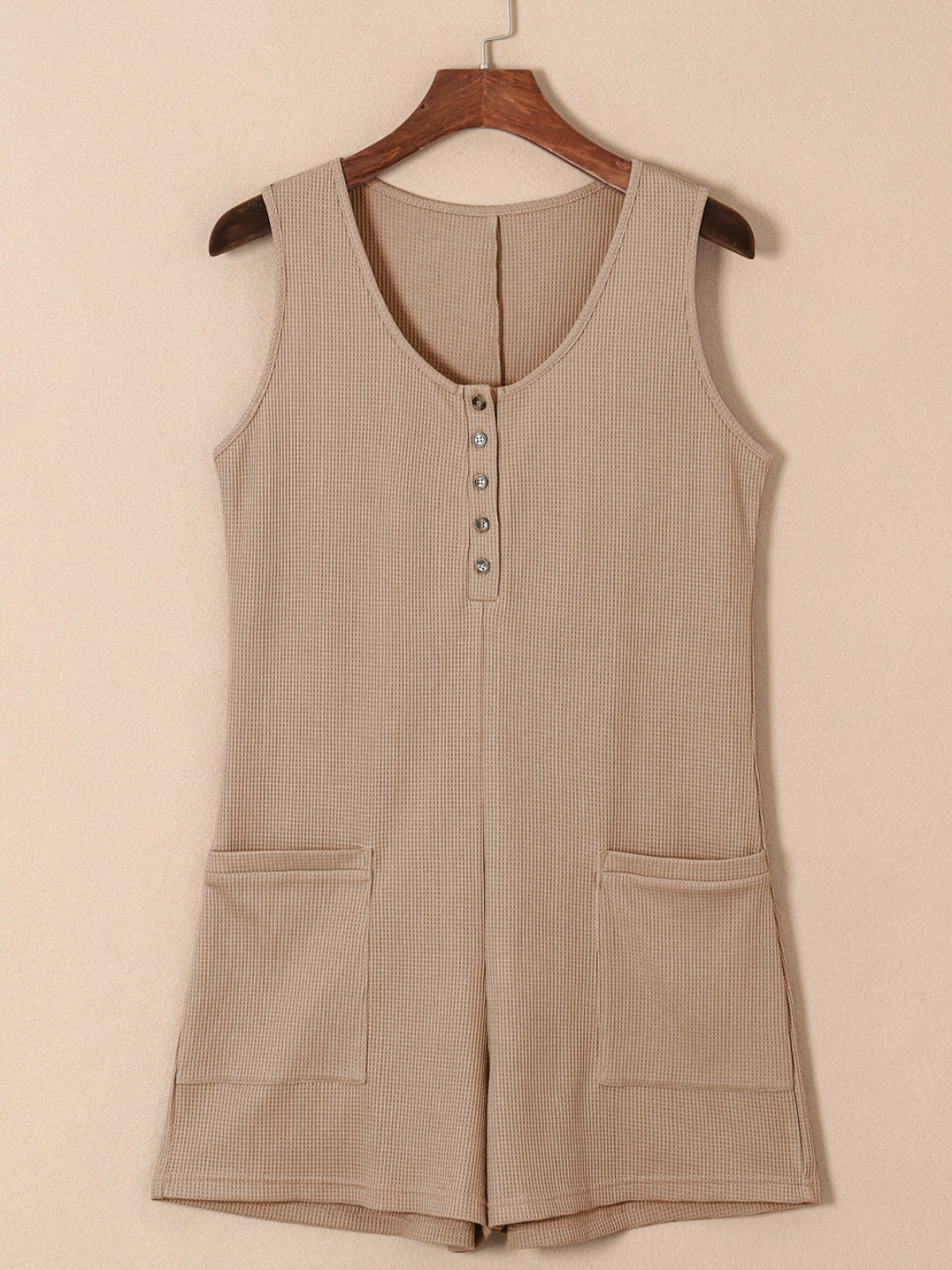 Outfit Flow - Waffle-Knit Half Button Sleeveless Romper with Pockets