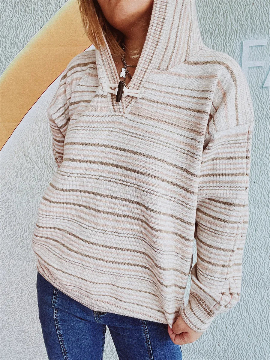 Striped Long Sleeve Hooded Sweater Trendsi