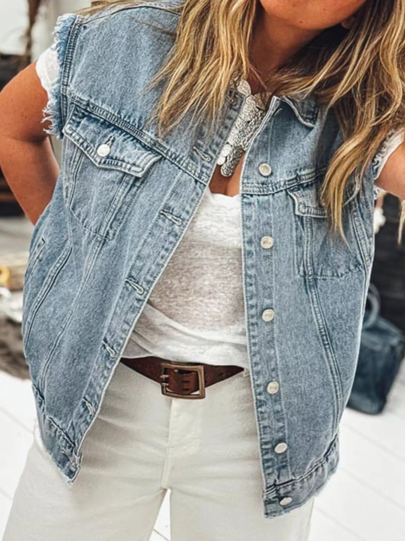Button Flap Pocket Frayed Detail Denim Vest OutfitFlow