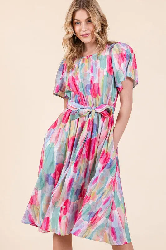 Lime 'N' Chili Watercolor Print Tie Front Midi Dress OutfitFlow