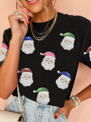 Christmas Santa Sequin Short Sleeve T Shirt OutfitFlow