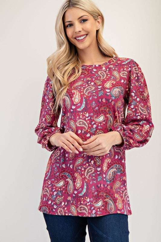 Celeste Full Size Paisley Round Neck Balloon Sleeve Top