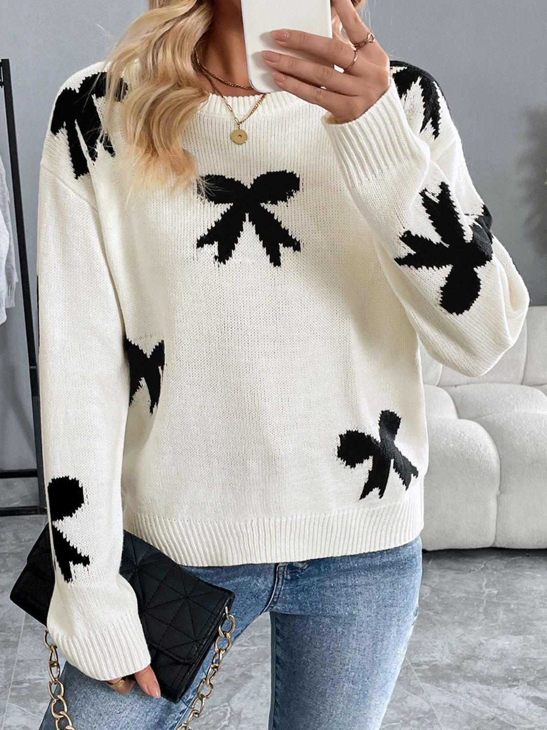 Outfit Flow - Perfee Bow Graphic Round Neck Long Sleeve Sweater