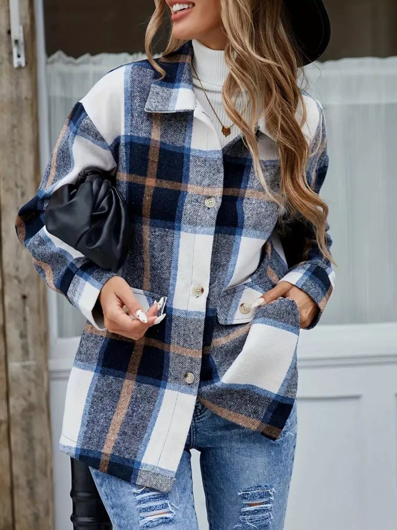 Plaid Button-Up Long Sleeve Shacket OutfitFlow
