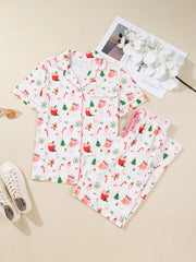 Christmas Spirit Cute Holiday Print Short Sleeve Shirt and Pants 2pcs Pajama Set OutfitFlow