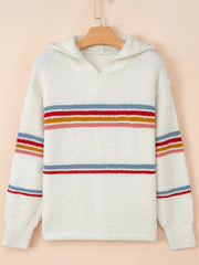 Multicolored Striped Accent Hooded Popcorn Sweater OutfitFlow