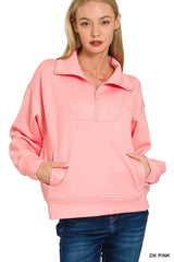 Zenana Scuba Half Zip Sweatshirt with Pockets Trendsi
